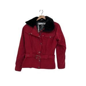 Nils Skiwear Womens Red Faux Fur Collar Belted Ski Jacket Size 10 Petite